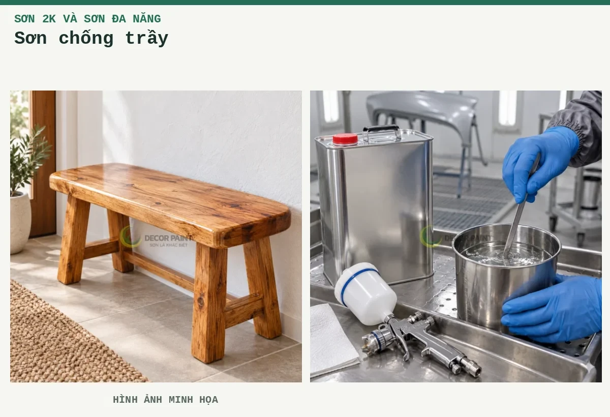 Sơn chống trầy – Hình ảnh minh họa: Ghế băng gỗ phủ bóng trong; Khuấy dung môi.