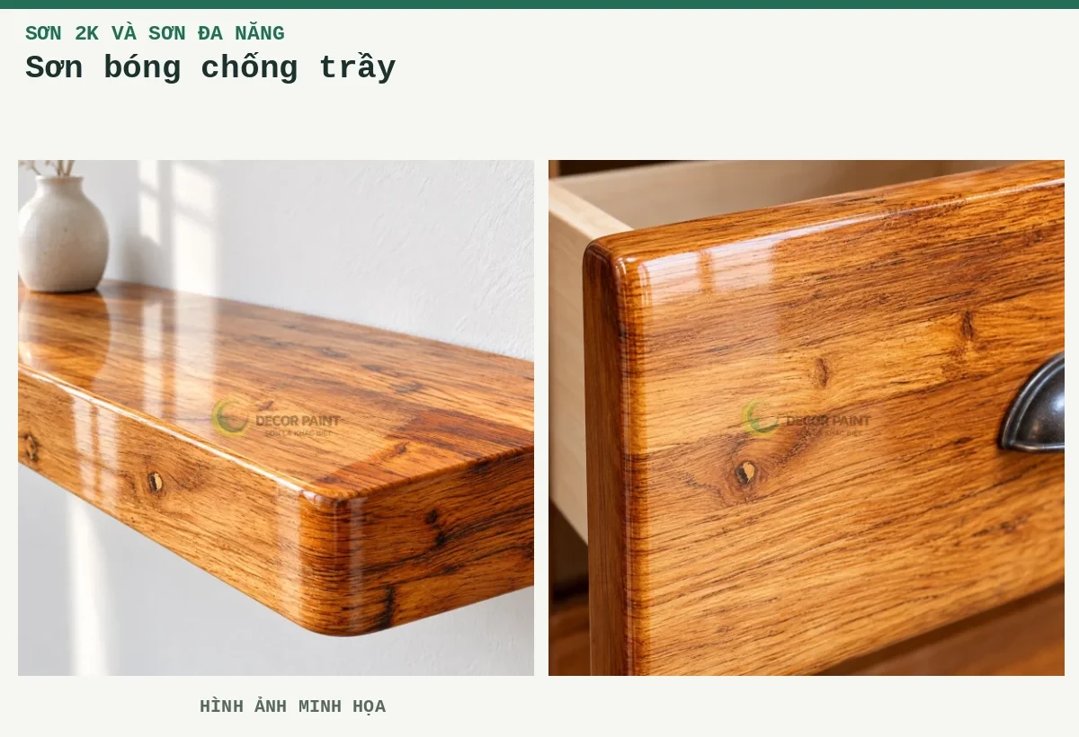 Sơn bóng chống trầy – Hình ảnh minh họa: Kệ gỗ phủ bóng trong; Ngăn kéo gỗ phủ bóng trong.