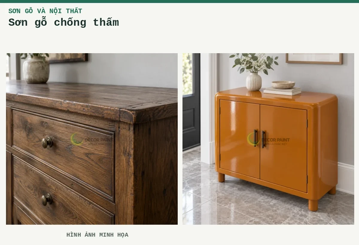 Sơn gỗ chống thấm – Hình ảnh minh họa: Bề mặt tủ gỗ tự nhiên hoàn thiện nâu giả cổ, giữ rõ vân gỗ và tạo hiệu ứng cũ tại cạnh; Tủ gỗ nâu da bò RS002.