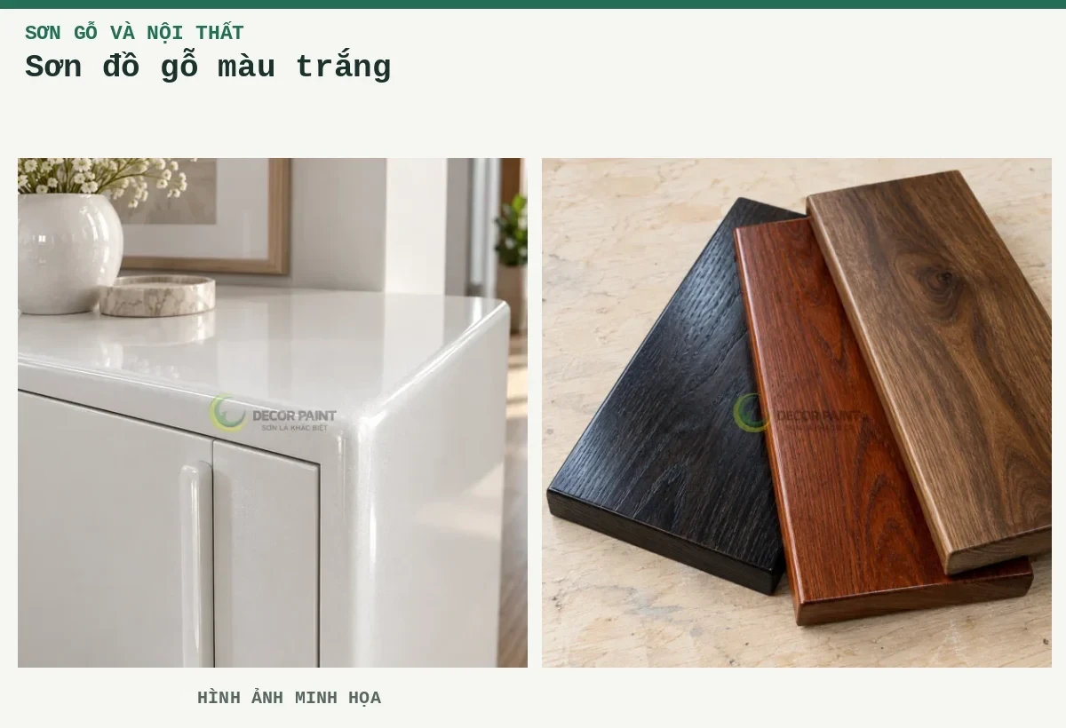 Sơn đồ gỗ màu trắng – Hình ảnh minh họa: Tủ gỗ nhũ trắng ngọc trai; Mẫu nhuộm gỗ đen, nâu đỏ và nâu óc chó.