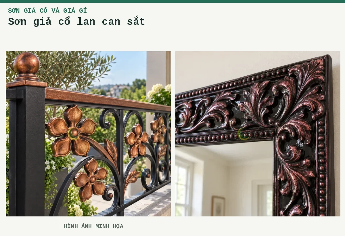 Sơn giả cổ lan can sắt – Hình ảnh minh họa: Lan can hoa đồng đỏ giả cổ; Lan can họa tiết.