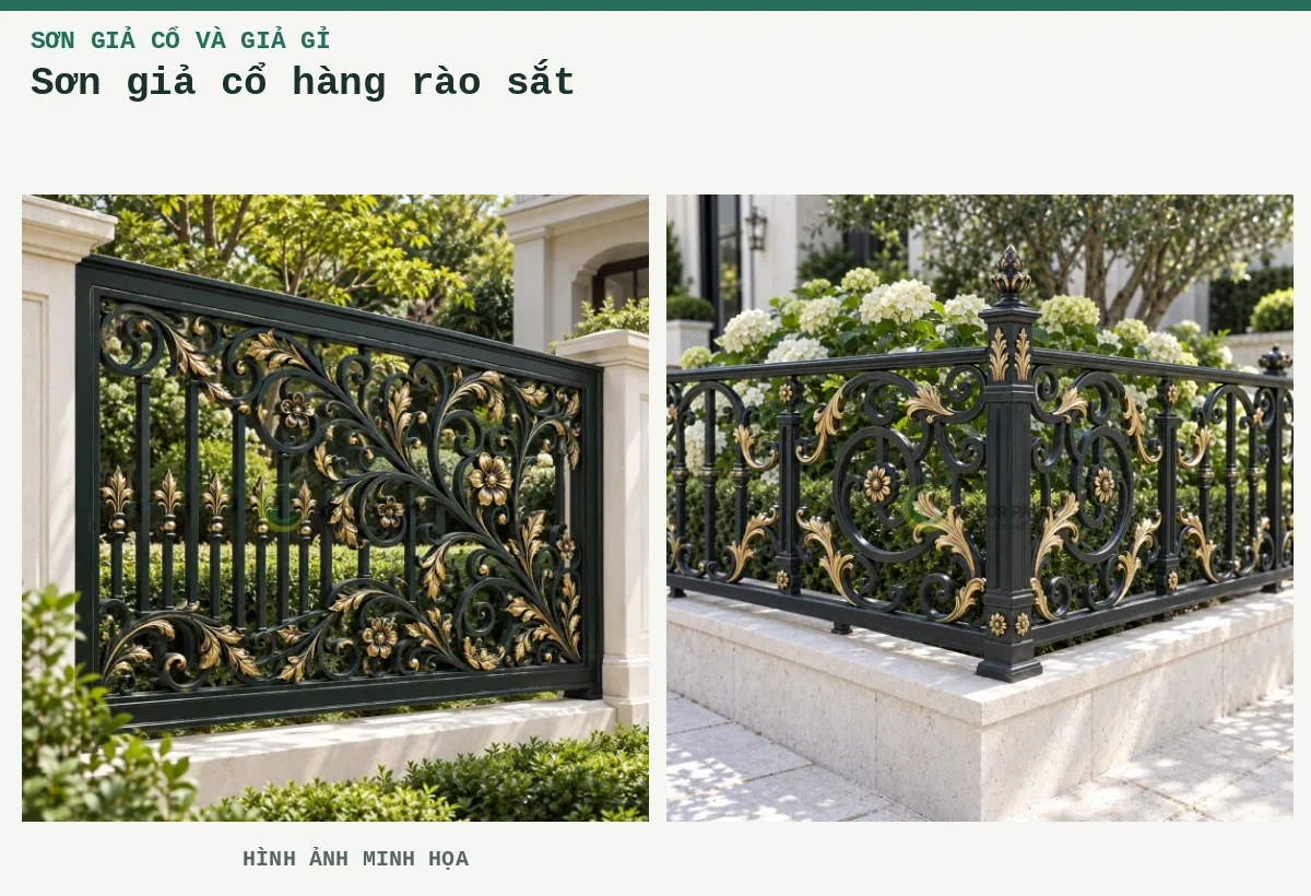 Sơn giả cổ hàng rào sắt – Hình ảnh minh họa: Hàng rào hoa văn dây leo; Góc hàng rào sân vườn.