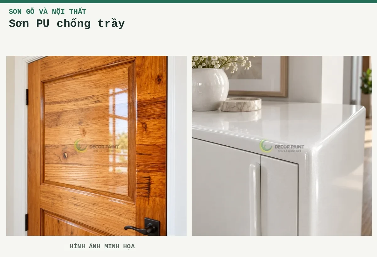 Sơn PU chống trầy – Hình ảnh minh họa: Cửa gỗ phủ bóng trong; Tủ gỗ nhũ trắng ngọc trai.