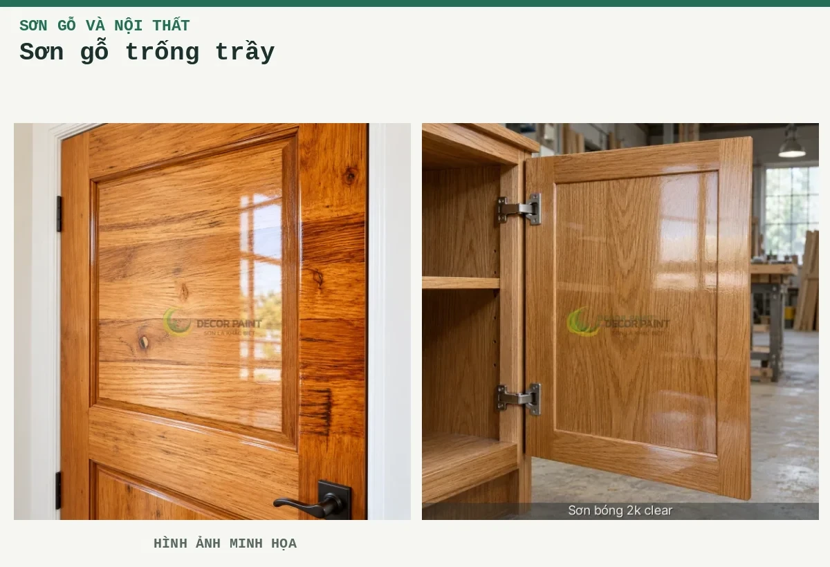 Sơn gỗ trống trầy – Hình ảnh minh họa: Cửa gỗ phủ bóng trong; Cánh tủ gỗ phủ bóng trong, giữ rõ màu và vân gỗ dưới lớp hoàn thiện.