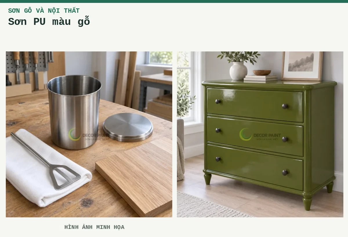 Sơn PU màu gỗ – Hình ảnh minh họa: Mẫu gỗ và cốc trộn; Tủ gỗ xanh rêu RS005.