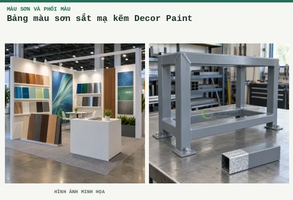 Bảng màu sơn sắt mạ kẽm Decor Paint – Hình ảnh minh họa: Gian trưng bày mẫu sơn và vật liệu; Khung sắt mạ kẽm phủ màu ghi và mẫu ống hộp để đối chiếu bề mặt.