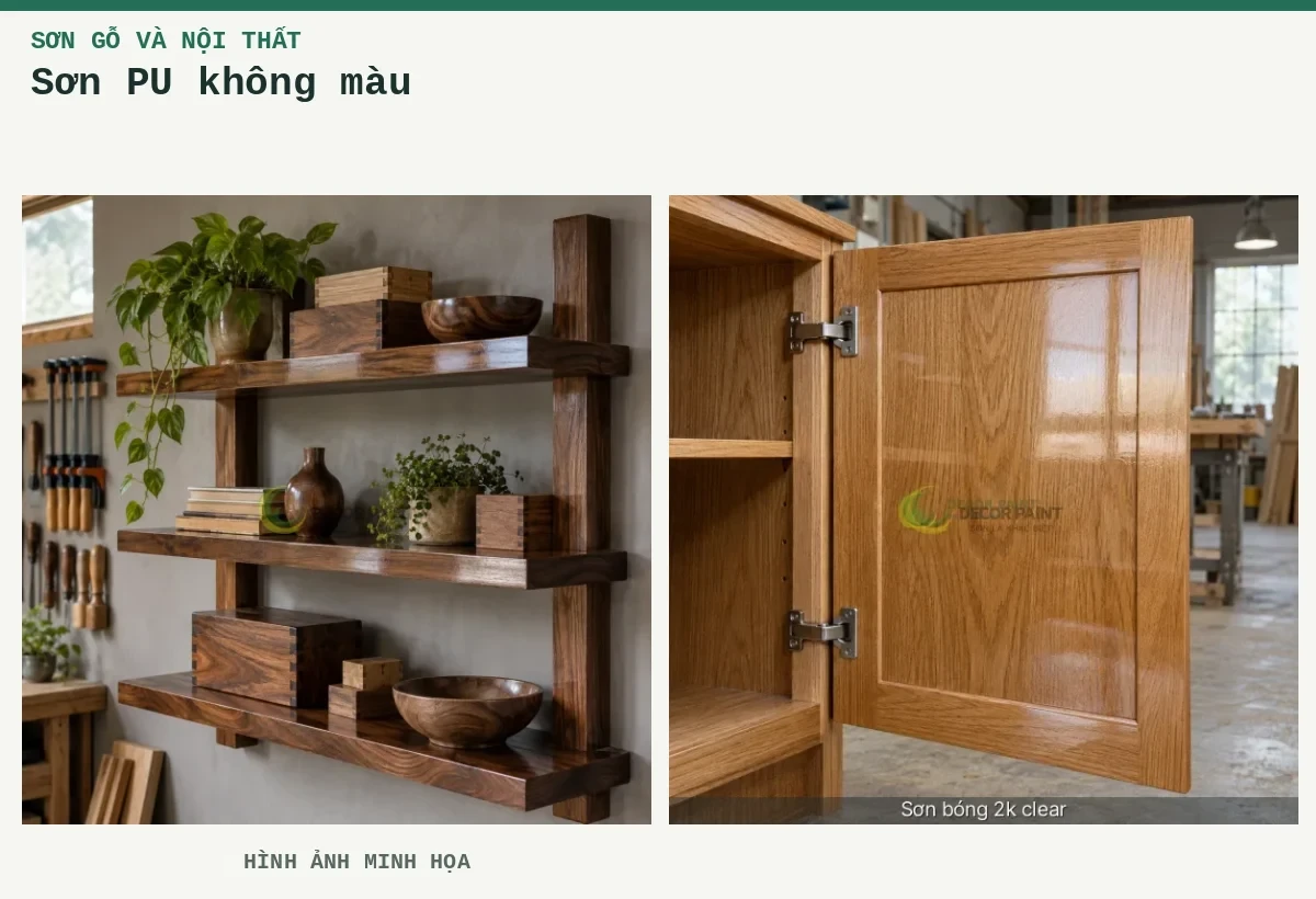 Sơn PU không màu – Hình ảnh minh họa: Kệ gỗ óc chó với lớp phủ bóng trong suốt trong không gian xưởng mộc; Cánh tủ gỗ phủ bóng trong, giữ rõ màu và vân gỗ dưới lớp hoàn thiện.