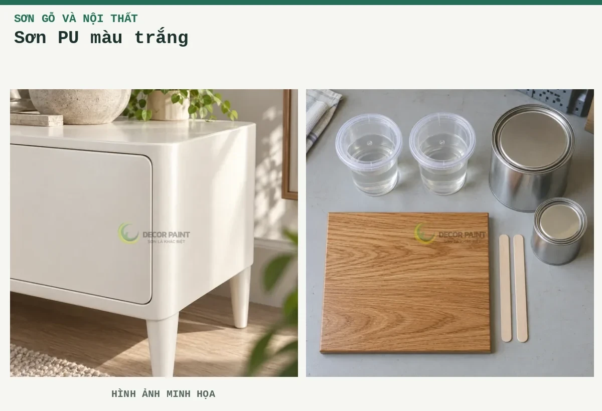 Sơn PU màu trắng – Hình ảnh minh họa: Tủ gỗ hoàn thiện nhũ trắng; Minh họa bố trí vật liệu pha sơn PU và mẫu gỗ phủ trong.