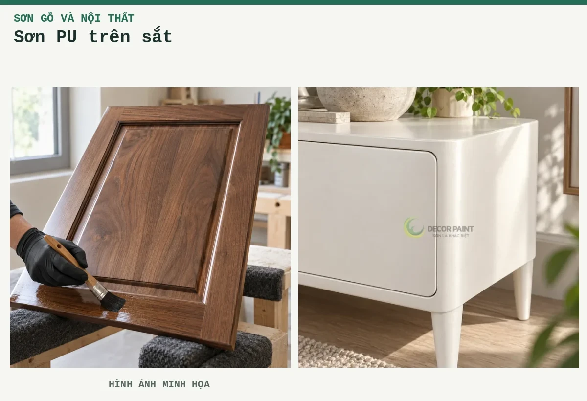 Sơn PU trên sắt – Hình ảnh minh họa: Cánh tủ gỗ óc chó phủ lớp sơn bóng trong, thao tác quét lớp phủ tại mép dưới trên bàn hoàn thiện; Tủ gỗ hoàn thiện nhũ trắng.