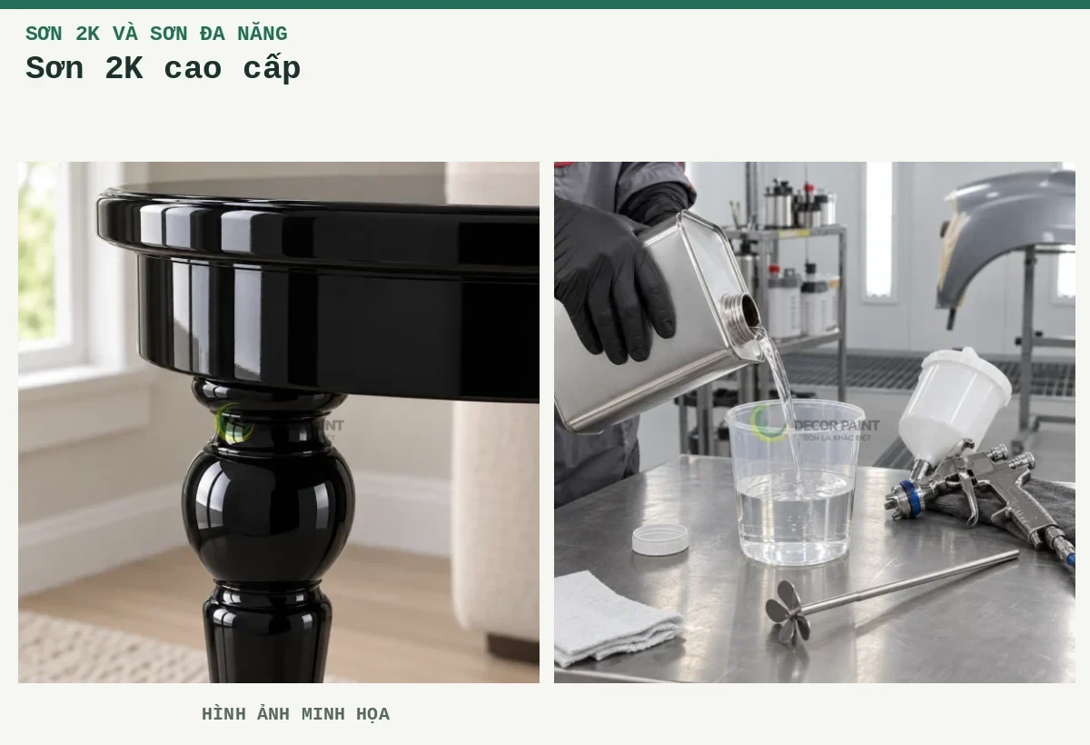 Sơn 2K cao cấp – Hình ảnh minh họa: Chân bàn gỗ; Chuẩn bị dung môi 2K.