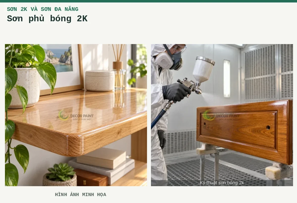 Sơn phủ bóng 2K – Hình ảnh minh họa: Kệ gỗ phủ bóng trong; Phun lớp phủ bóng trong lên mặt ngăn kéo gỗ trong buồng sơn.