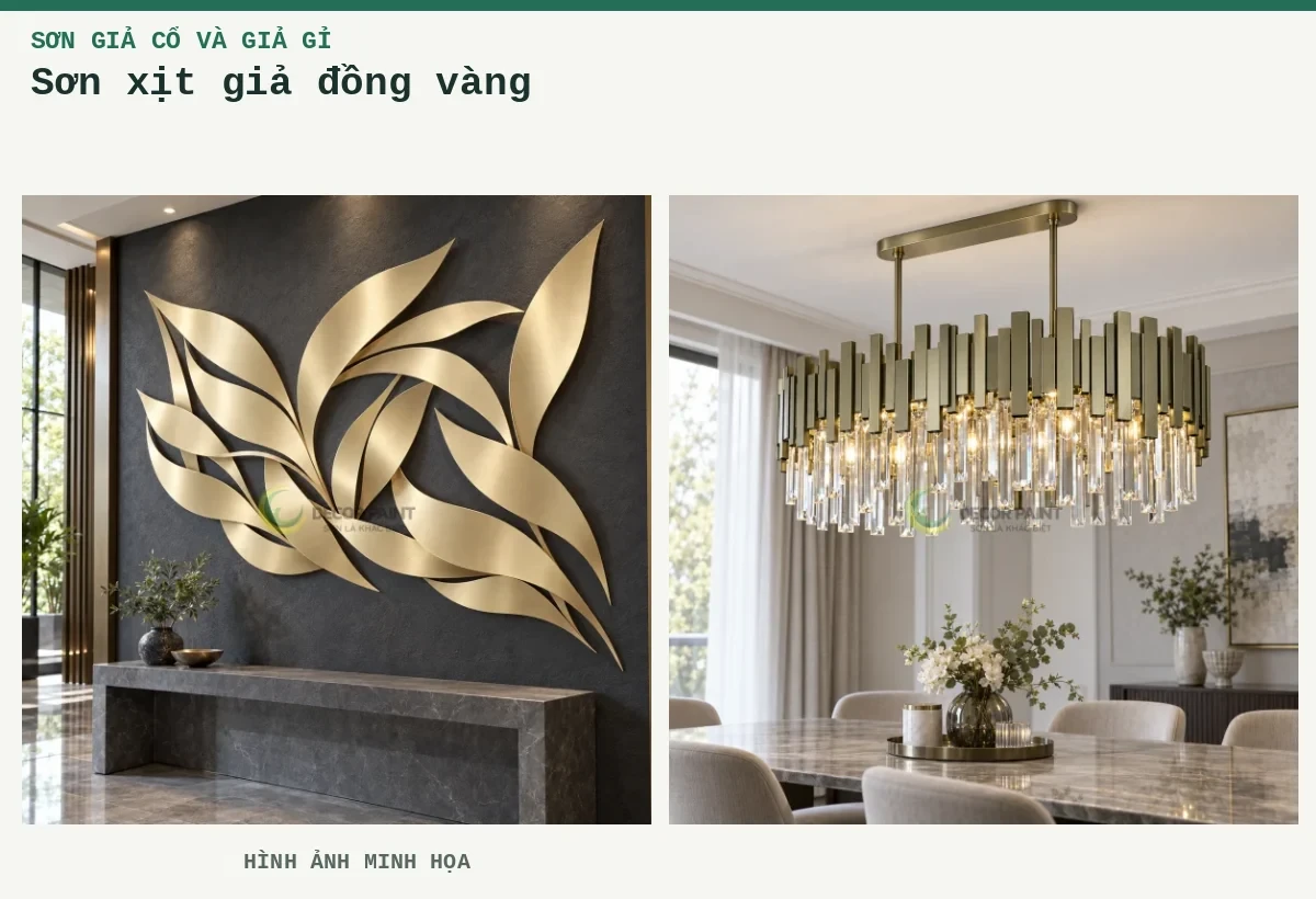 Sơn xịt giả đồng vàng – Hình ảnh minh họa: Phù điêu lá nhũ đồng vàng; Đèn chùm oval nhũ đồng vàng.
