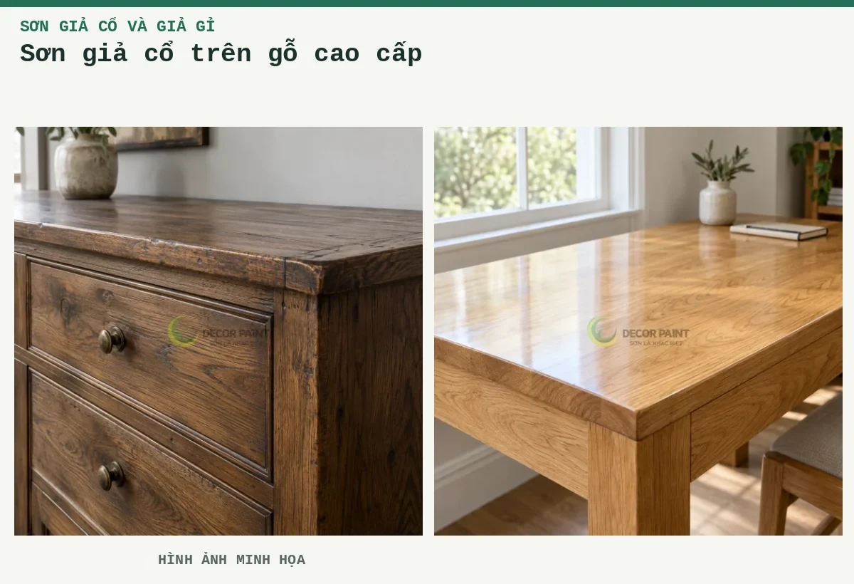 Sơn giả cổ trên gỗ cao cấp – Hình ảnh minh họa: Bề mặt tủ gỗ tự nhiên hoàn thiện nâu giả cổ, giữ rõ vân gỗ và tạo hiệu ứng cũ tại cạnh; Bàn gỗ sồi phủ trong suốt, làm rõ vân gỗ dưới ánh sáng tự nhiên.