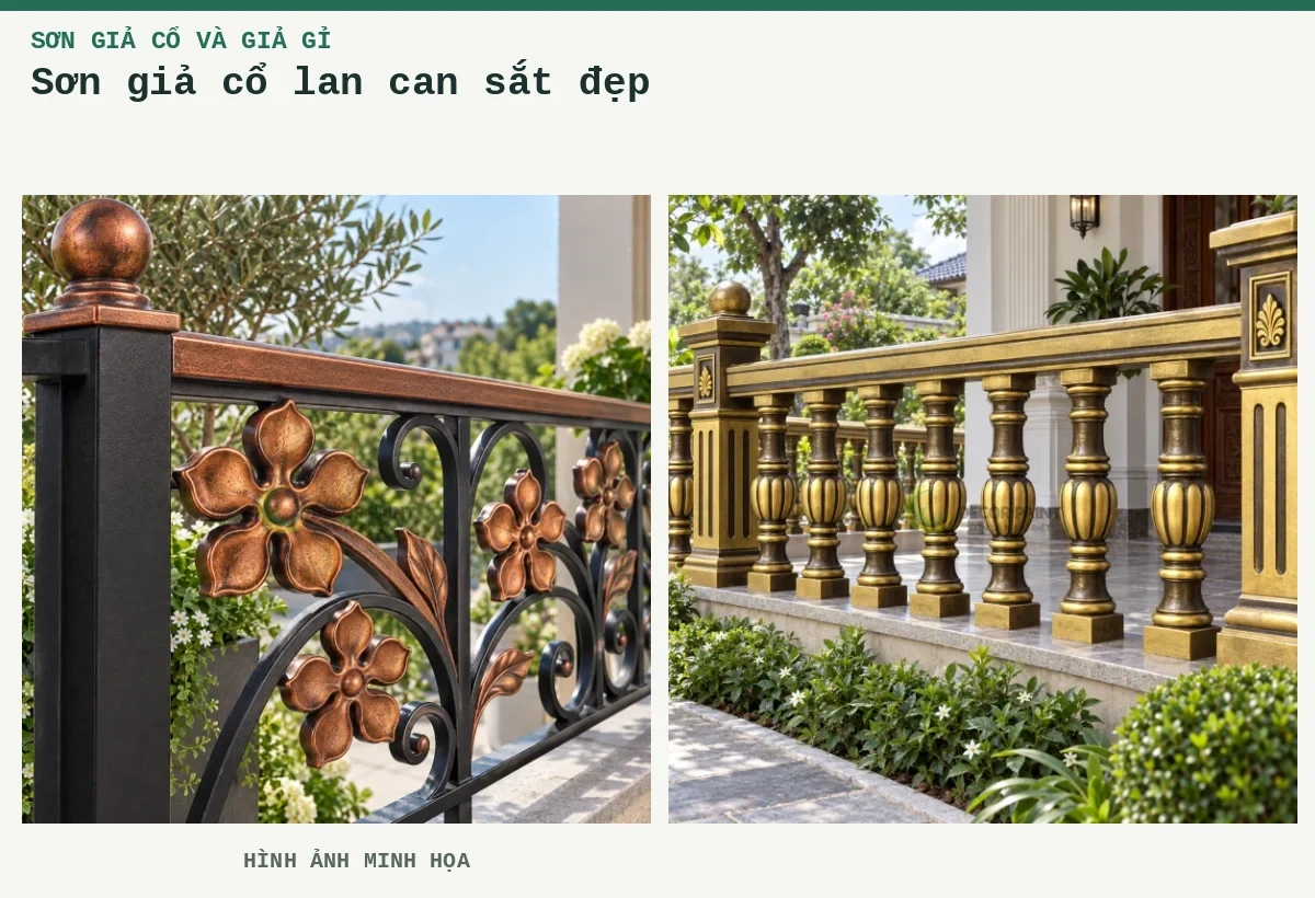 Sơn giả cổ lan can sắt đẹp – Hình ảnh minh họa: Lan can hoa đồng đỏ giả cổ; Lan can hiên.