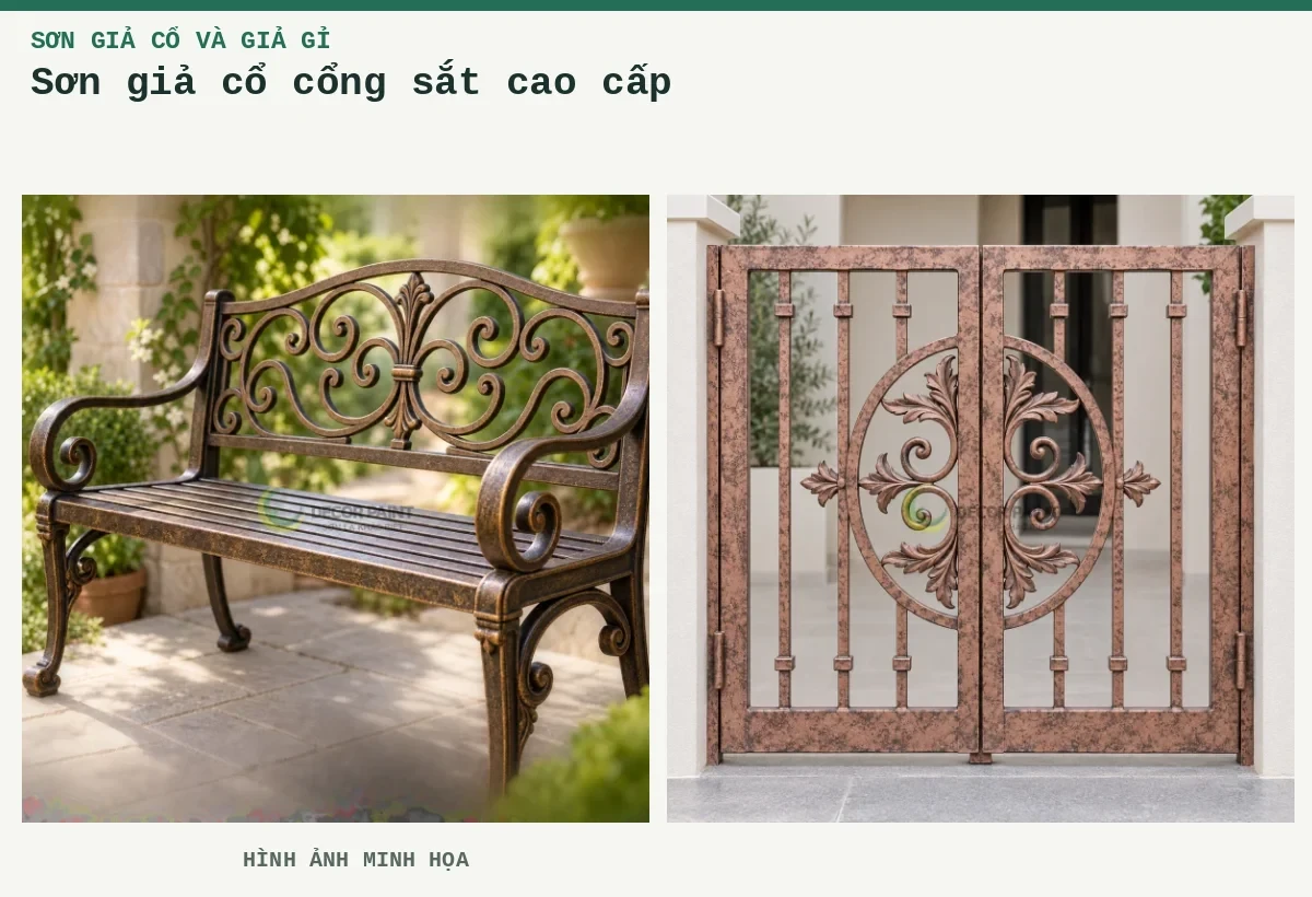 Sơn giả cổ cổng sắt cao cấp – Hình ảnh minh họa: Ghế sắt sân vườn phủ sơn giả cổ màu đồng, làm rõ hoa văn và đường cong của khung sắt; Cổng họa tiết lá.