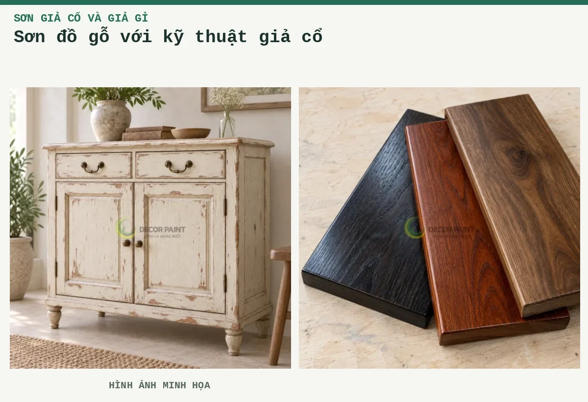 Sơn đồ gỗ với kỹ thuật giả cổ – Hình ảnh minh họa: Tủ gỗ sơn trắng ngà giả cổ, tạo vệt mài nâu tại cạnh và chi tiết trang trí; Mẫu nhuộm gỗ đen, nâu đỏ và nâu óc chó.
