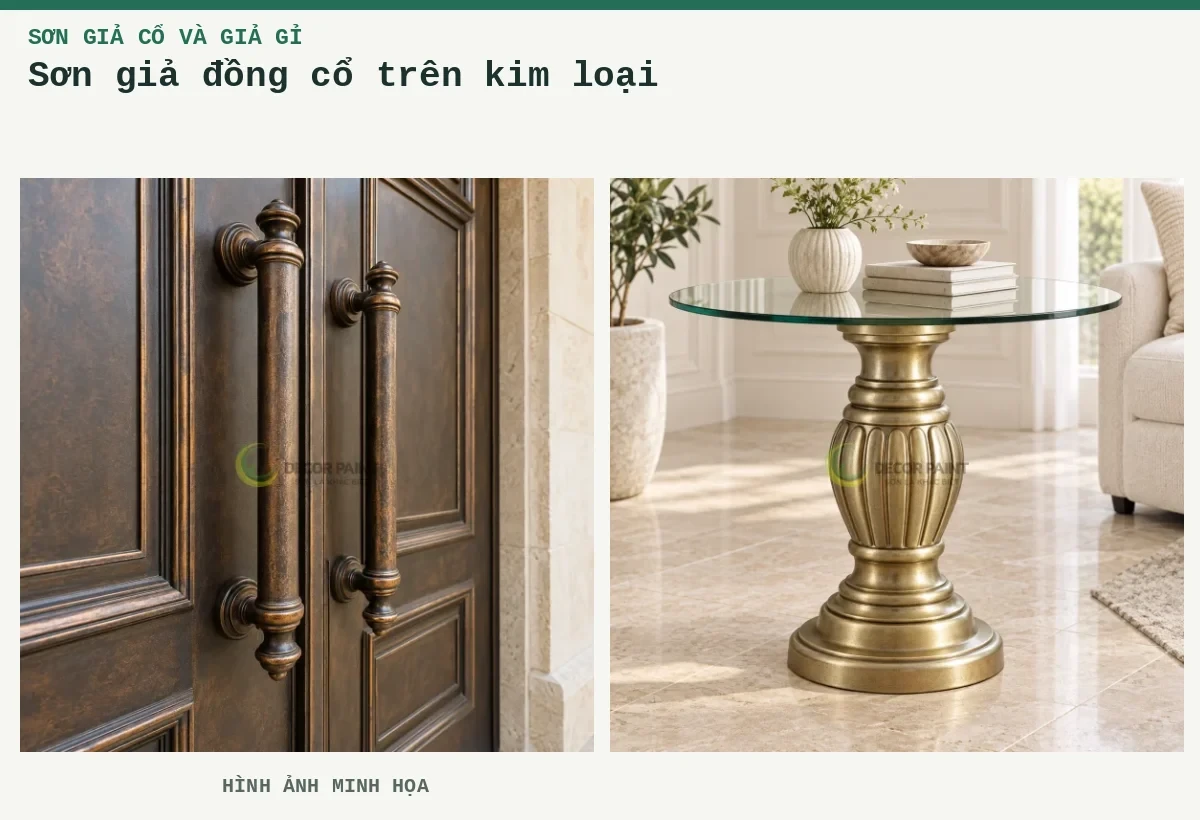 Sơn giả đồng cổ trên kim loại – Hình ảnh minh họa: Tay nắm và panel cửa kim loại phủ sơn giả đồng cổ, tạo sắc đồng ấm trên nền tối; Chân ghế kim loại.