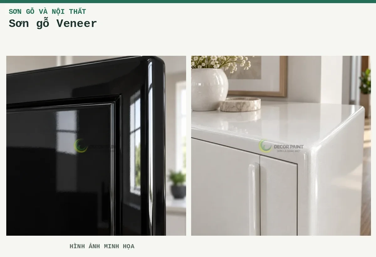 Sơn gỗ Veneer – Hình ảnh minh họa: Cánh tủ gỗ; Tủ gỗ nhũ trắng ngọc trai.