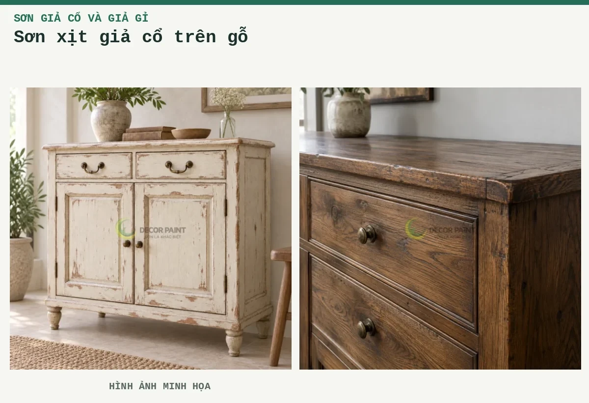 Sơn xịt giả cổ trên gỗ – Hình ảnh minh họa: Tủ gỗ sơn trắng ngà giả cổ, tạo vệt mài nâu tại cạnh và chi tiết trang trí; Bề mặt tủ gỗ tự nhiên hoàn thiện nâu giả cổ, giữ rõ vân gỗ và tạo hiệu ứng cũ tại cạnh.