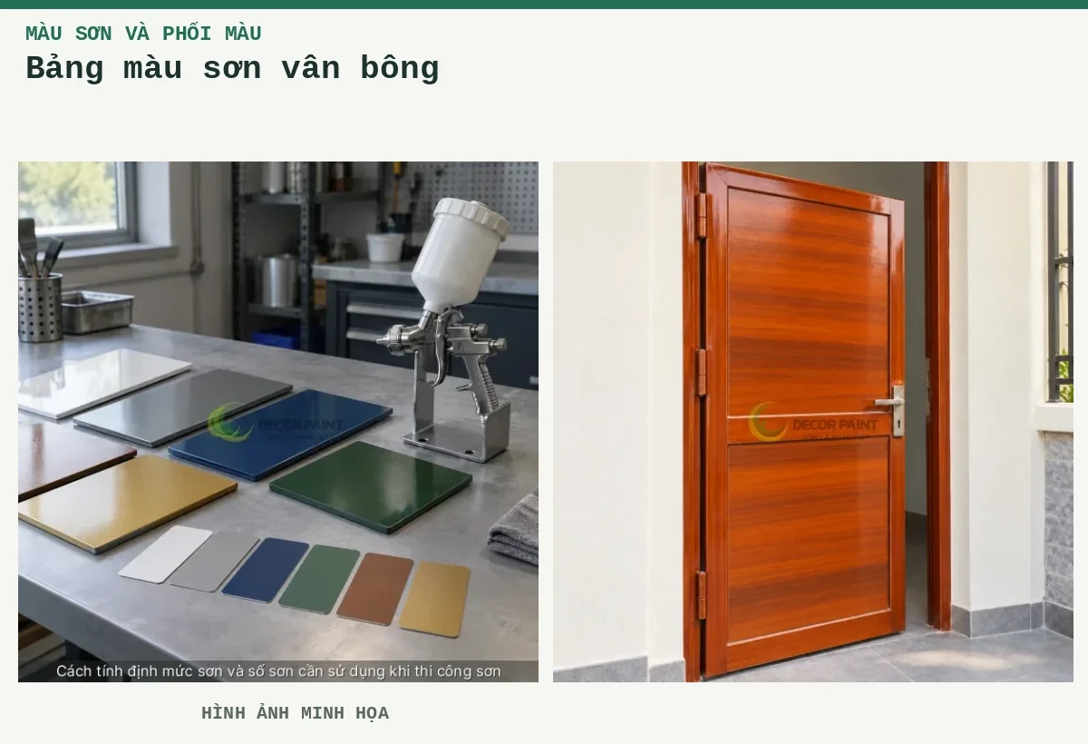 Bảng màu sơn vân bông – Hình ảnh minh họa: Mẫu màu và dụng cụ phun sơn; Cửa sắt sơn giả vân gỗ màu cánh gián, với lớp sơn bóng và vân kéo dài.