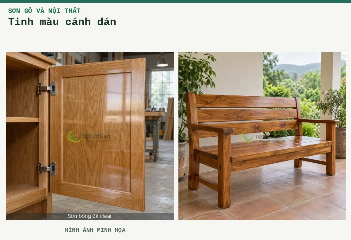 Tinh màu cánh dán – Hình ảnh minh họa: Cánh tủ gỗ phủ bóng trong, giữ rõ màu và vân gỗ dưới lớp hoàn thiện; Ghế băng gỗ phủ trong suốt đặt tại hiên nhà có mái che.