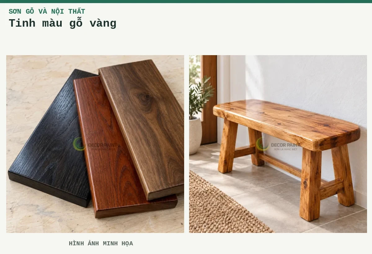Tinh màu gỗ vàng – Hình ảnh minh họa: Mẫu nhuộm gỗ đen, nâu đỏ và nâu óc chó; Ghế băng gỗ phủ bóng trong.
