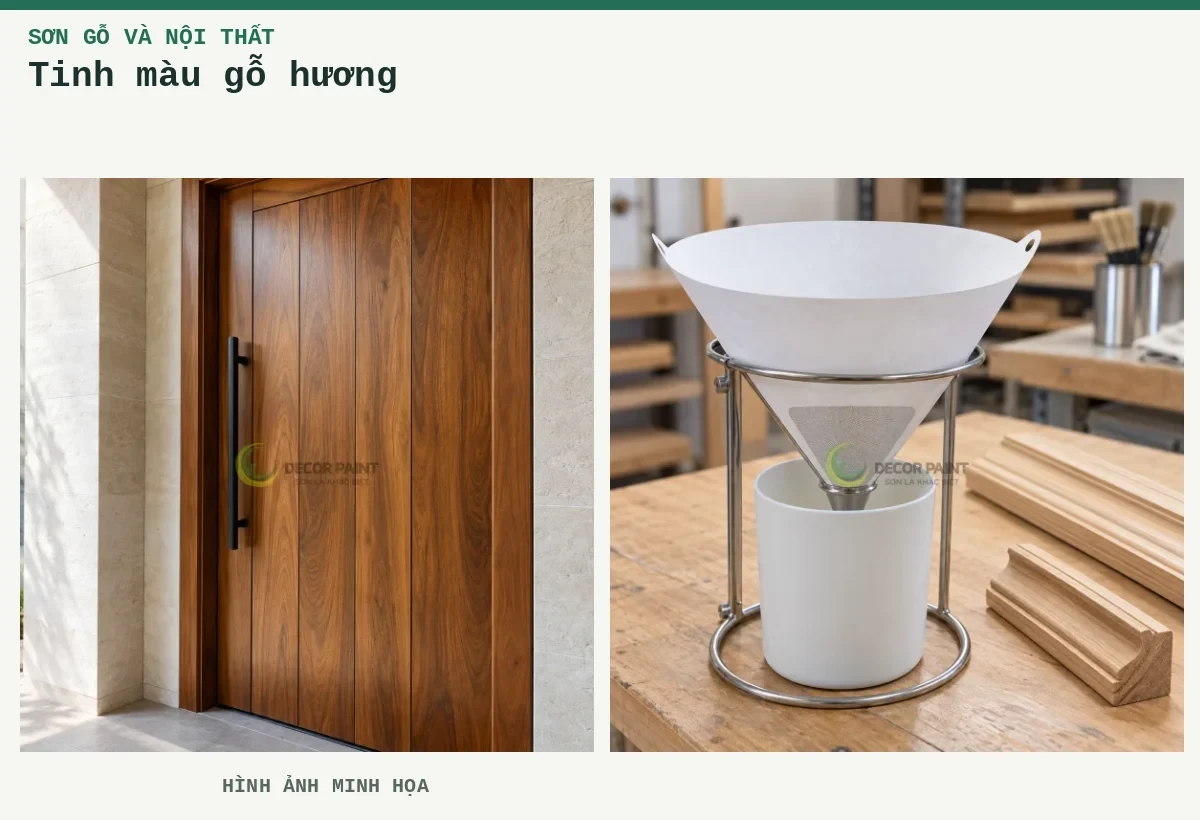 Tinh màu gỗ hương – Hình ảnh minh họa: Cửa gỗ màu nâu ấm với lớp hoàn thiện trong và tay nắm đen; Lọc sơn cho phào gỗ.