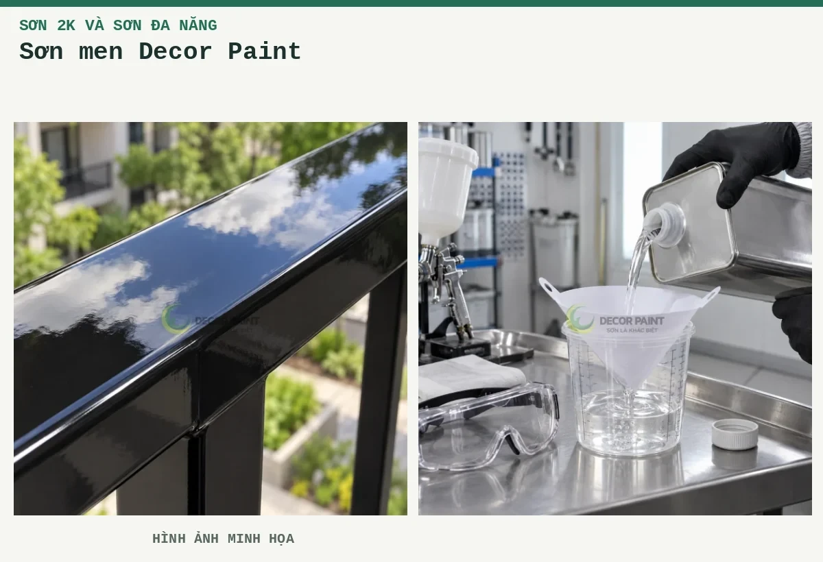 Sơn men Decor Paint – Hình ảnh minh họa: Tay vịn thép; Lọc dung môi.