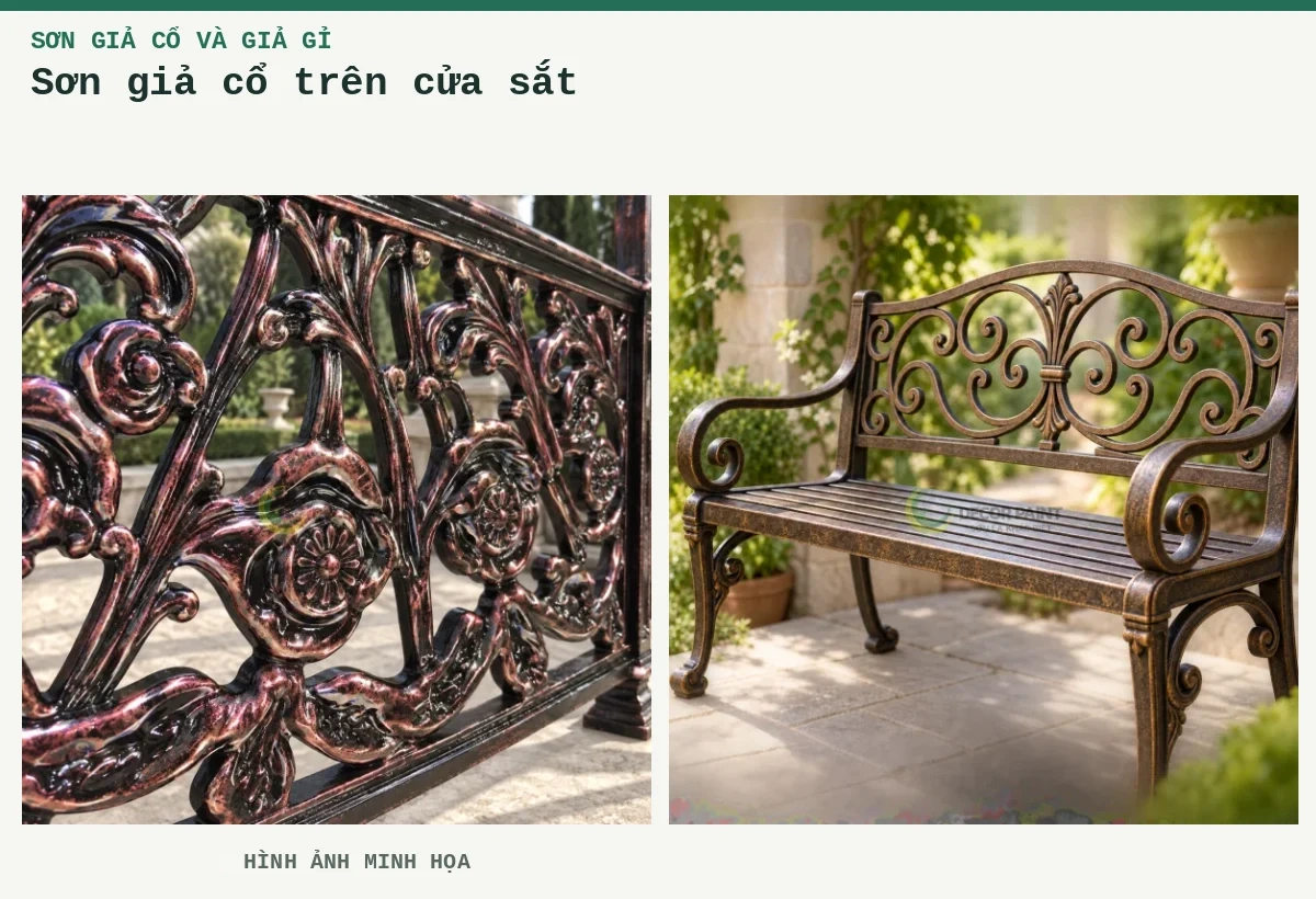 Sơn giả cổ trên cửa sắt – Hình ảnh minh họa: Khung sắt giả cổ; Ghế sắt sân vườn phủ sơn giả cổ màu đồng, làm rõ hoa văn và đường cong của khung sắt.