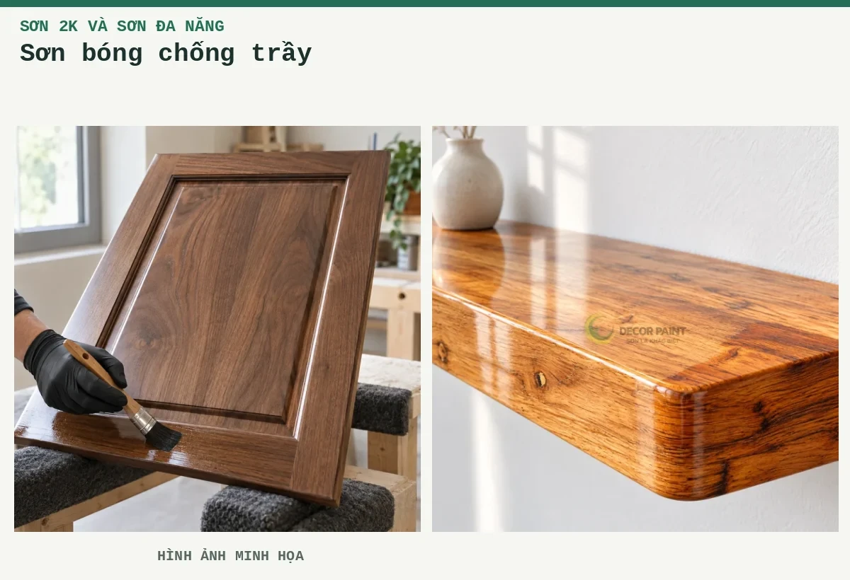 Sơn bóng chống trầy – Hình ảnh minh họa: Cánh tủ gỗ óc chó phủ lớp sơn bóng trong, thao tác quét lớp phủ tại mép dưới trên bàn hoàn thiện; Kệ gỗ phủ bóng trong.