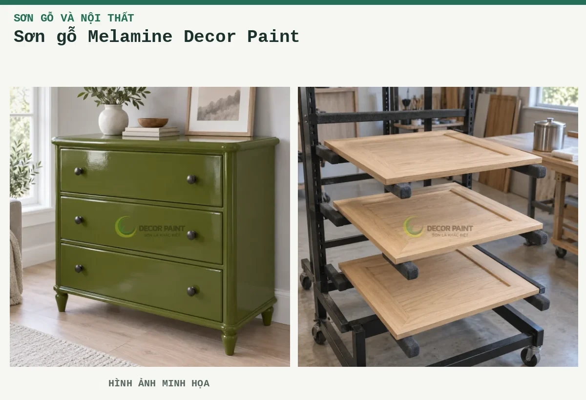 Sơn gỗ Melamine Decor Paint – Hình ảnh minh họa: Tủ gỗ xanh rêu RS005; Cánh tủ gỗ trên giá.
