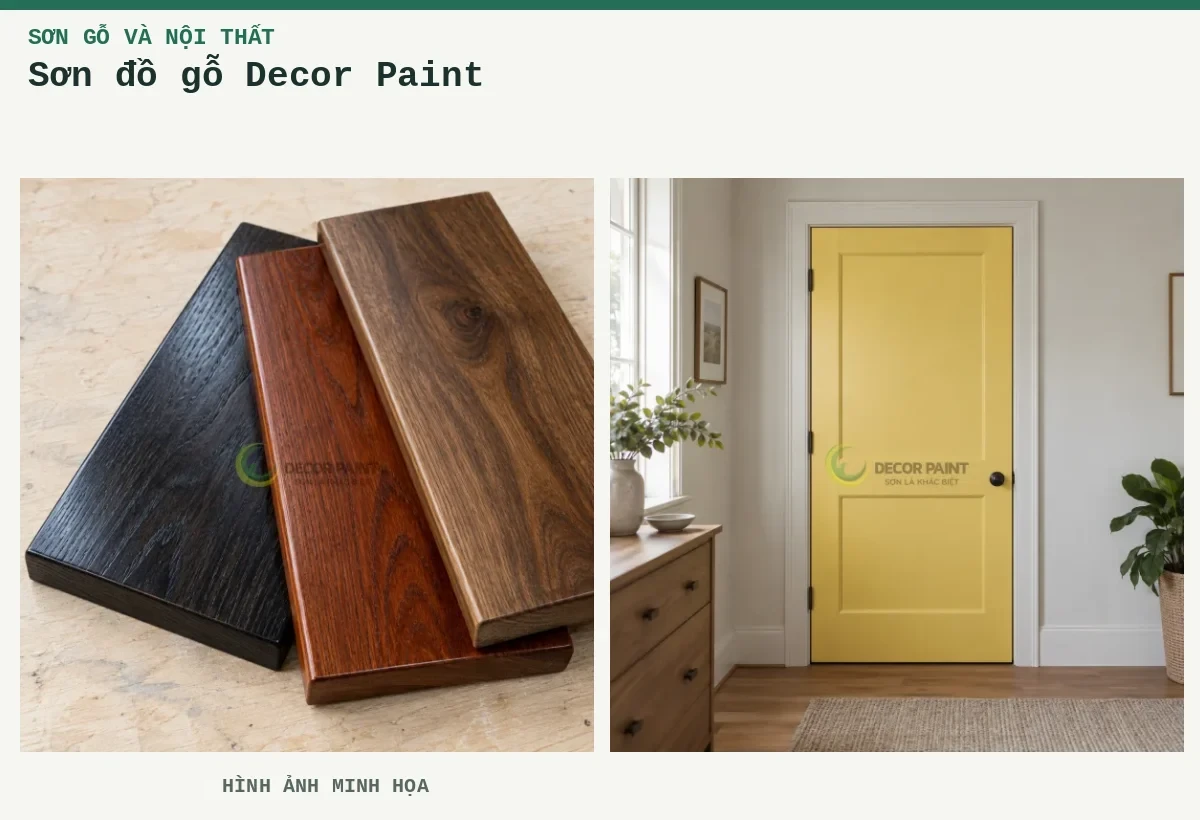 Sơn đồ gỗ Decor Paint – Hình ảnh minh họa: Mẫu nhuộm gỗ đen, nâu đỏ và nâu óc chó; Cửa gỗ phủ sơn vàng bơ.