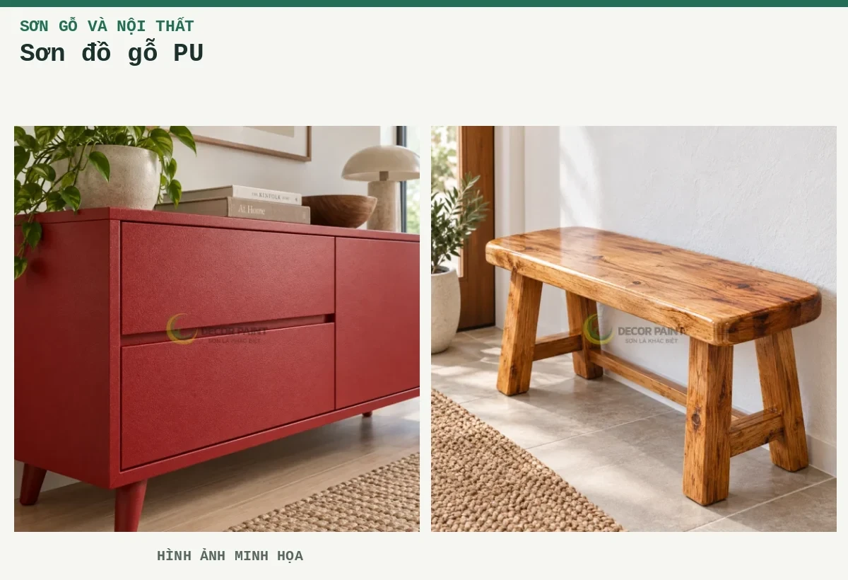 Sơn đồ gỗ PU – Hình ảnh minh họa: Tủ gỗ hoàn thiện đỏ nhám sần; Ghế băng gỗ phủ bóng trong.