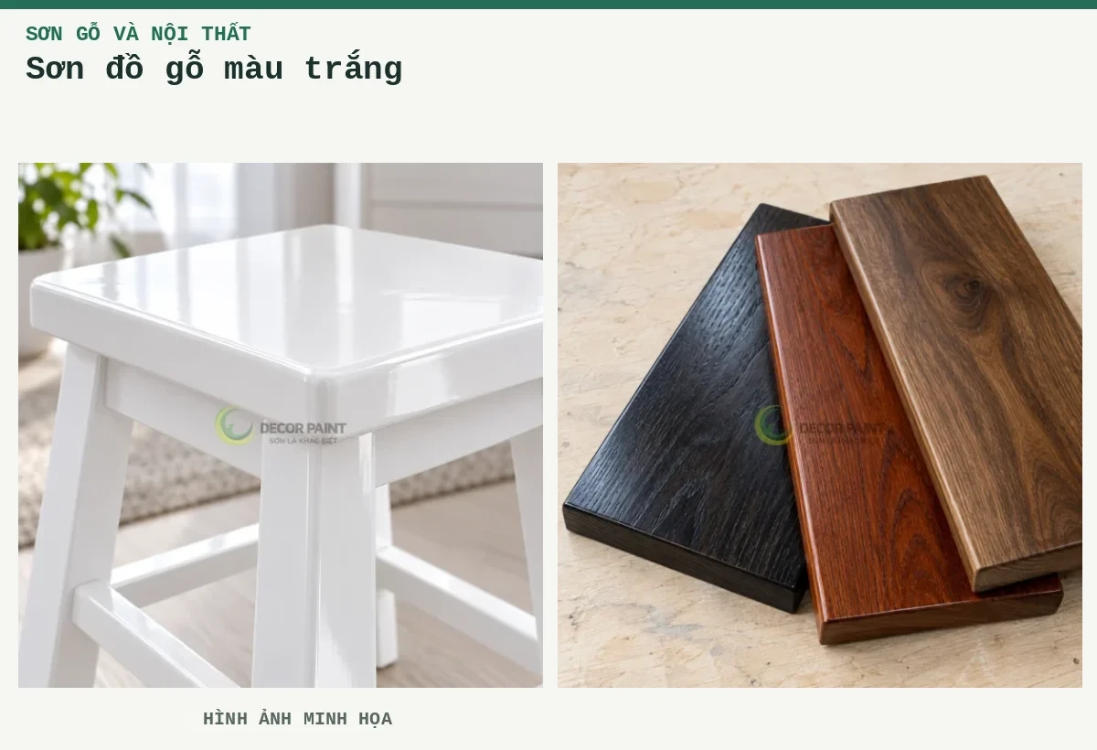 Sơn đồ gỗ màu trắng – Hình ảnh minh họa: Ghế gỗ trắng bóng; Mẫu nhuộm gỗ đen, nâu đỏ và nâu óc chó.