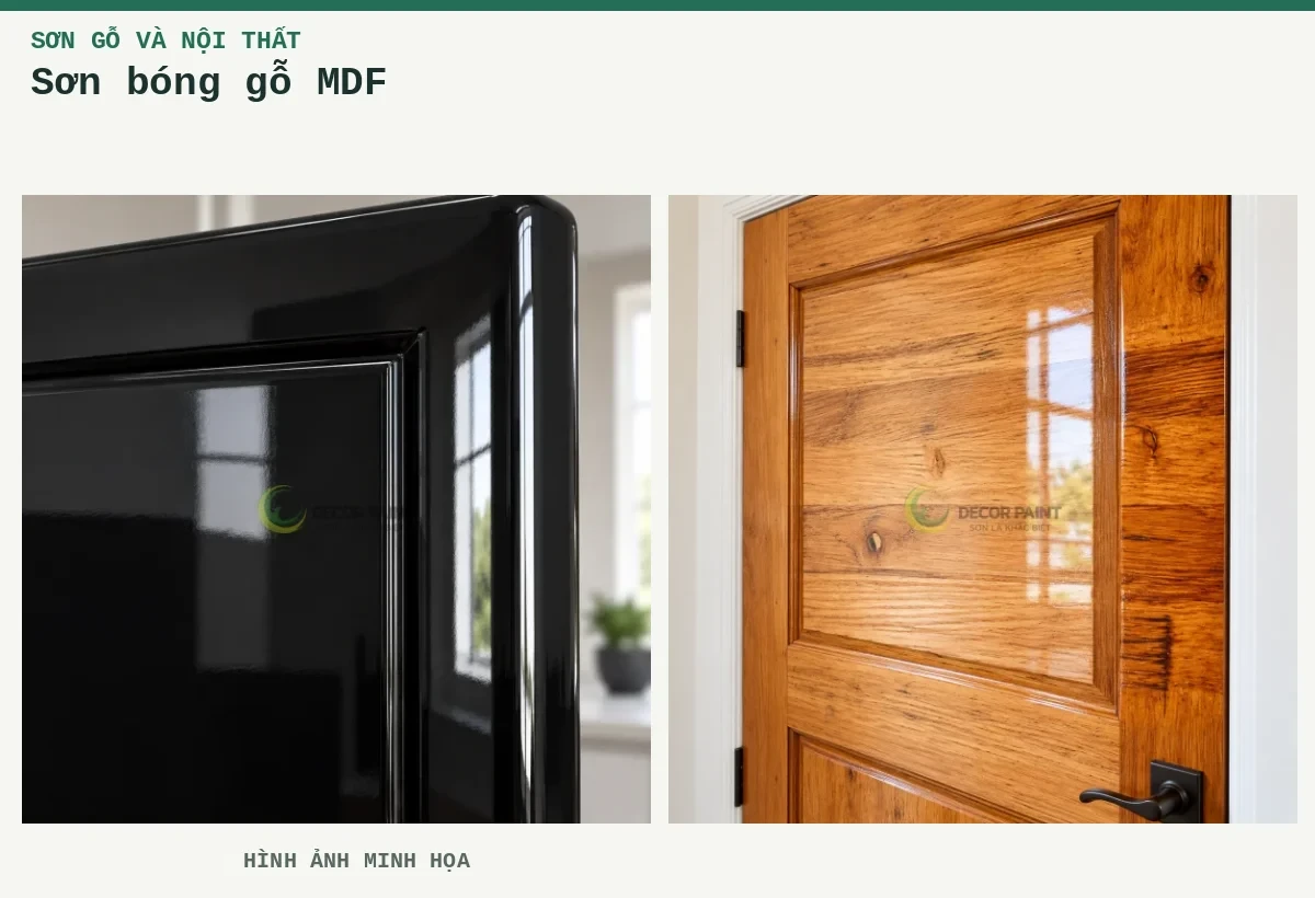 Sơn bóng gỗ MDF – Hình ảnh minh họa: Cánh tủ gỗ; Cửa gỗ phủ bóng trong.