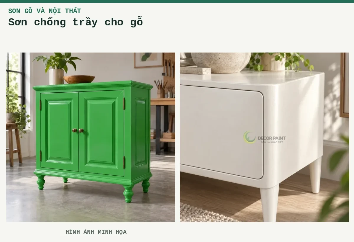 Sơn chống trầy cho gỗ – Hình ảnh minh họa: tủ gỗ hoàn thiện lớp sơn; Tủ gỗ hoàn thiện nhũ trắng.