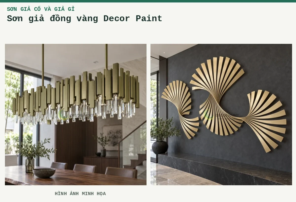 Sơn giả đồng vàng Decor Paint – Hình ảnh minh họa: Đèn chùm thanh dài nhũ đồng vàng; Phù điêu dải cong nhũ đồng vàng.