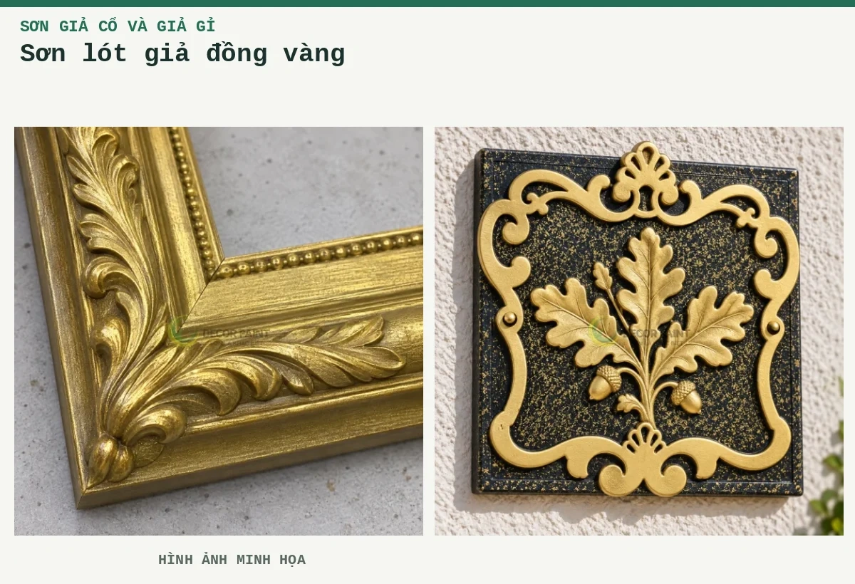 Sơn lót giả đồng vàng – Hình ảnh minh họa: Khung hoa văn sơn nhũ đồng vàng; Phù điêu lá đồng vàng.