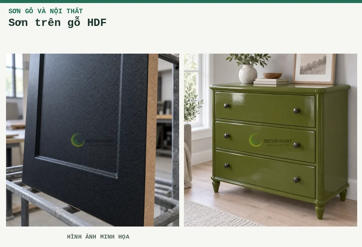 Sơn trên gỗ HDF – Hình ảnh minh họa: Tấm HDF phủ nhám đen với cạnh cắt màu nâu thể hiện vật liệu nền; Tủ gỗ xanh rêu RS005.