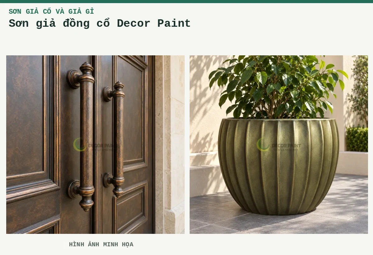 Sơn giả đồng cổ Decor Paint – Hình ảnh minh họa: Tay nắm và panel cửa kim loại phủ sơn giả đồng cổ, tạo sắc đồng ấm trên nền tối; Chậu tròn có rãnh.
