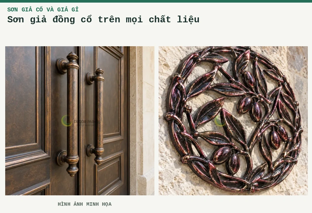 Sơn giả đồng cổ trên mọi chất liệu – Hình ảnh minh họa: Tay nắm và panel cửa kim loại phủ sơn giả đồng cổ, tạo sắc đồng ấm trên nền tối; Cổng giả cổ đen ánh đồng.