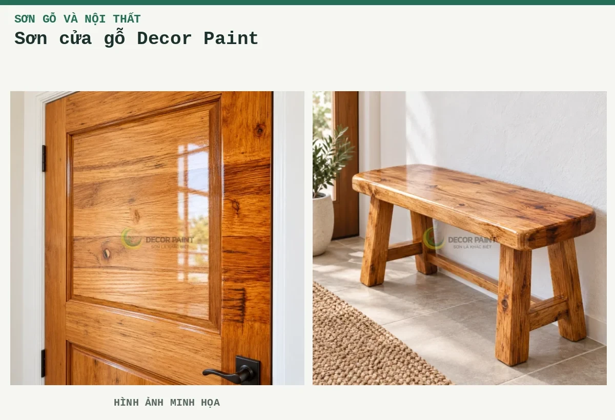 Sơn cửa gỗ Decor Paint – Hình ảnh minh họa: Cửa gỗ phủ bóng trong; Ghế băng gỗ phủ bóng trong.