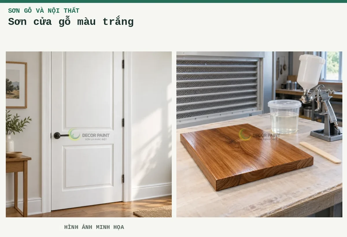 Sơn cửa gỗ màu trắng – Hình ảnh minh họa: Cửa gỗ sơn trắng; Minh họa chuẩn bị sơn phủ trong cho mẫu gỗ tự nhiên.