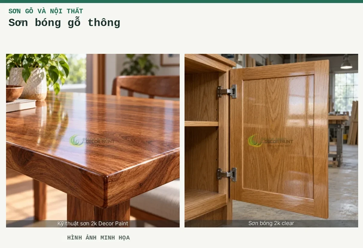 Sơn bóng gỗ thông – Hình ảnh minh họa: Mặt bàn gỗ phủ bóng trong; Cánh tủ gỗ phủ bóng trong, giữ rõ màu và vân gỗ dưới lớp hoàn thiện.