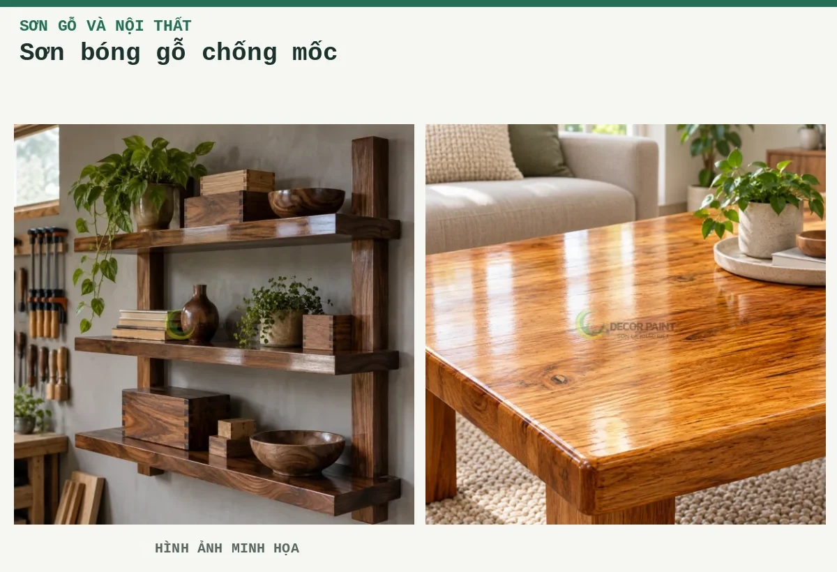 Sơn bóng gỗ chống mốc – Hình ảnh minh họa: Kệ gỗ óc chó với lớp phủ bóng trong suốt trong không gian xưởng mộc; Bàn gỗ phủ bóng trong.