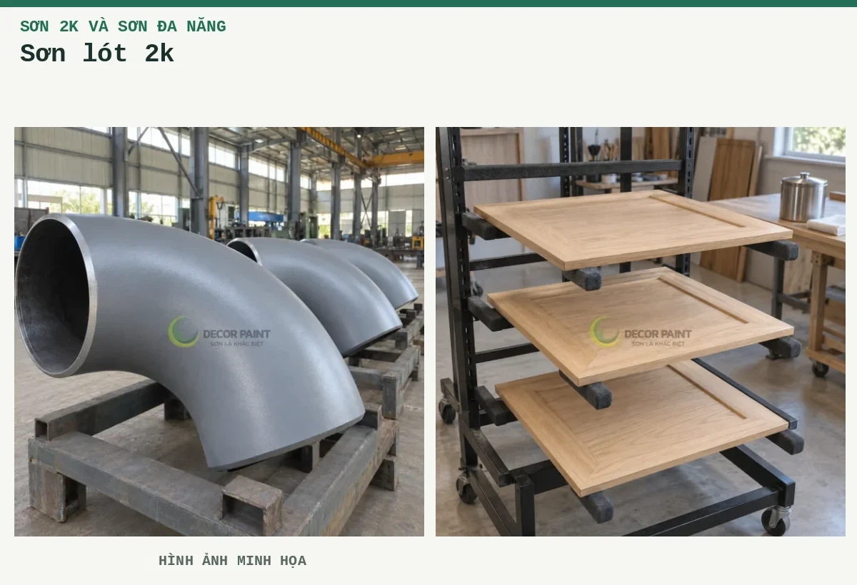 Sơn lót 2k – Hình ảnh minh họa: Các co ống thép phủ sơn chống rỉ màu xám đặt trên giá tại xưởng; Cánh tủ gỗ trên giá.