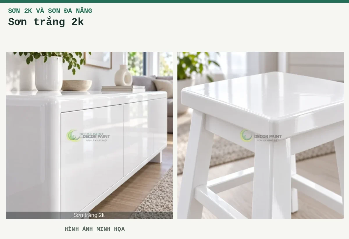 Sơn trắng 2k – Hình ảnh minh họa: Tủ thấp trắng bóng; Ghế gỗ trắng bóng.