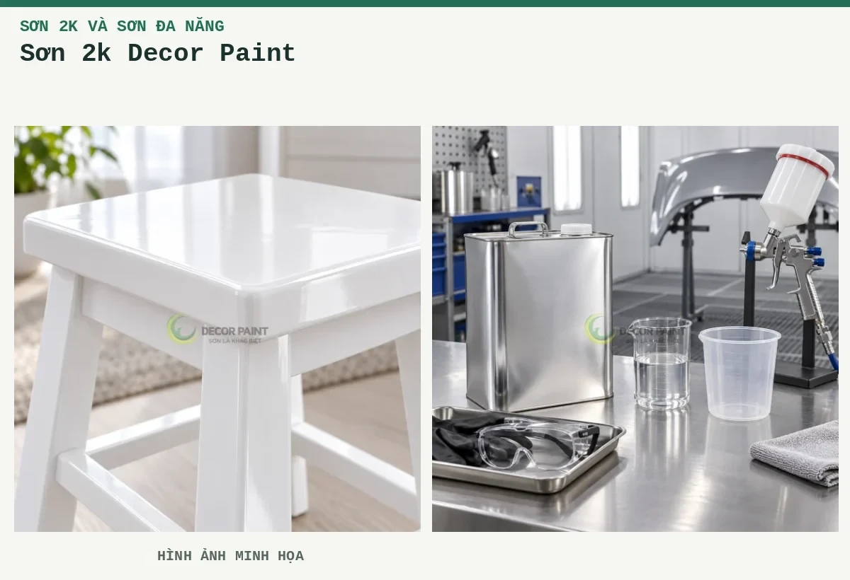 Sơn 2k Decor Paint – Hình ảnh minh họa: Ghế gỗ trắng bóng; Bàn chuẩn bị sơn 2K.