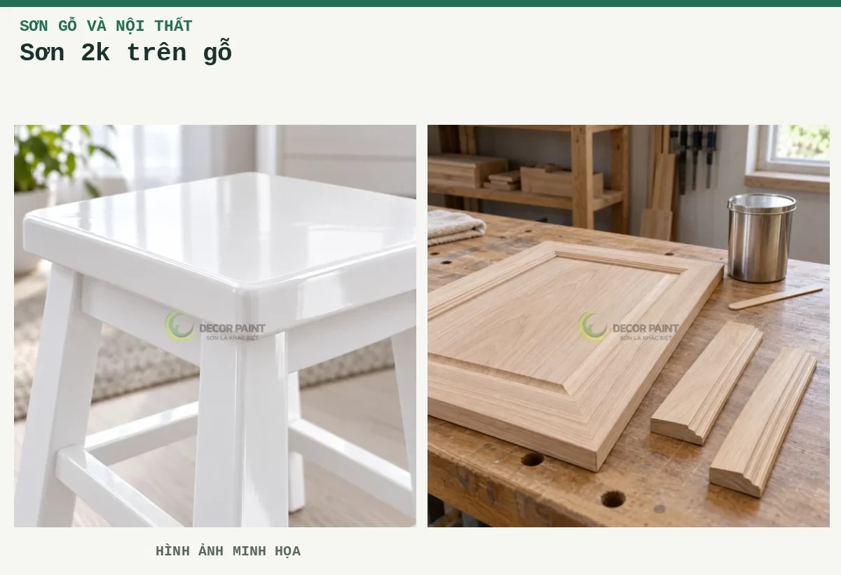 Sơn 2k trên gỗ – Hình ảnh minh họa: Ghế gỗ trắng bóng; Chuẩn bị panel gỗ.