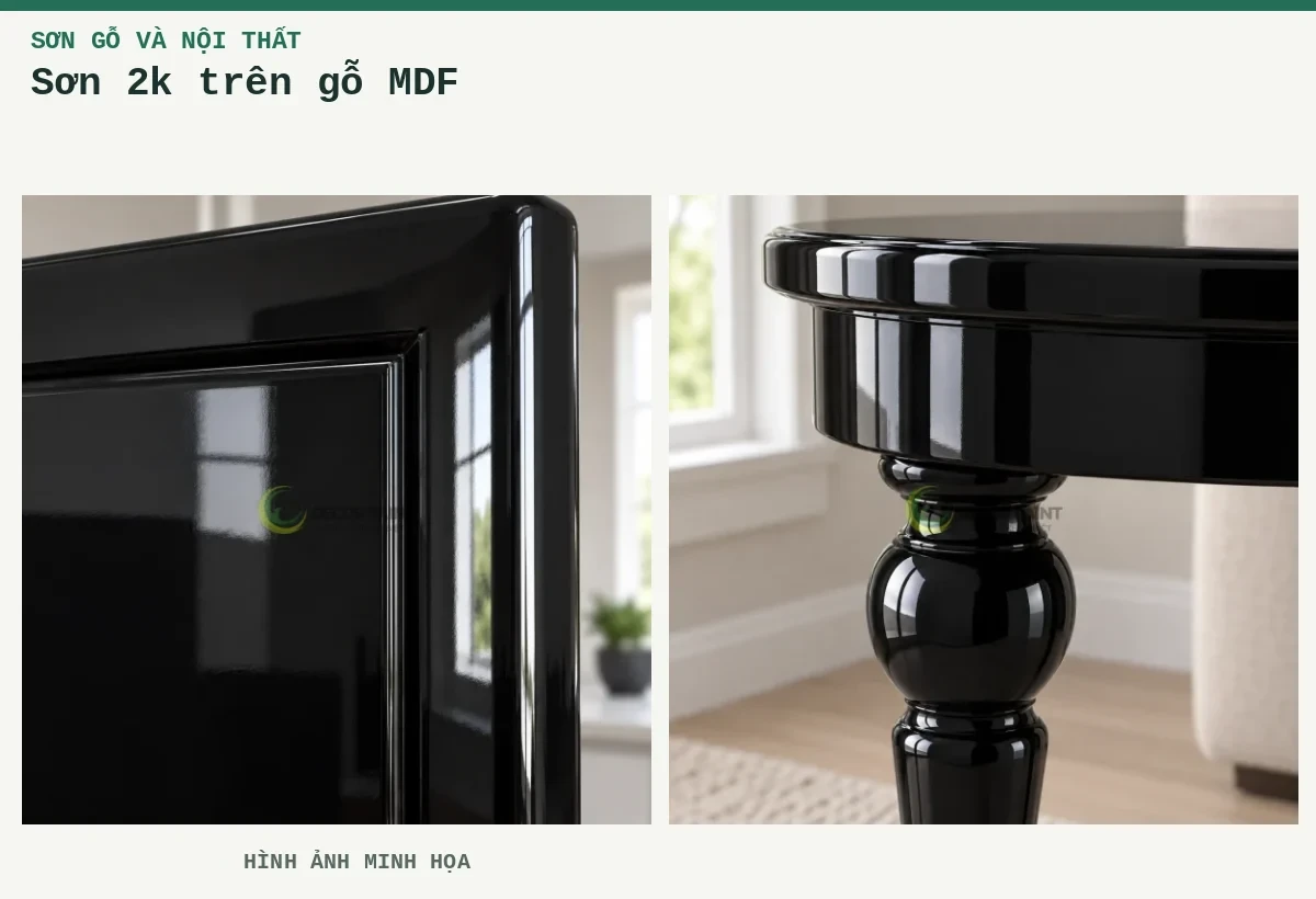 Sơn 2k trên gỗ MDF – Hình ảnh minh họa: Cánh tủ gỗ; Chân bàn gỗ.